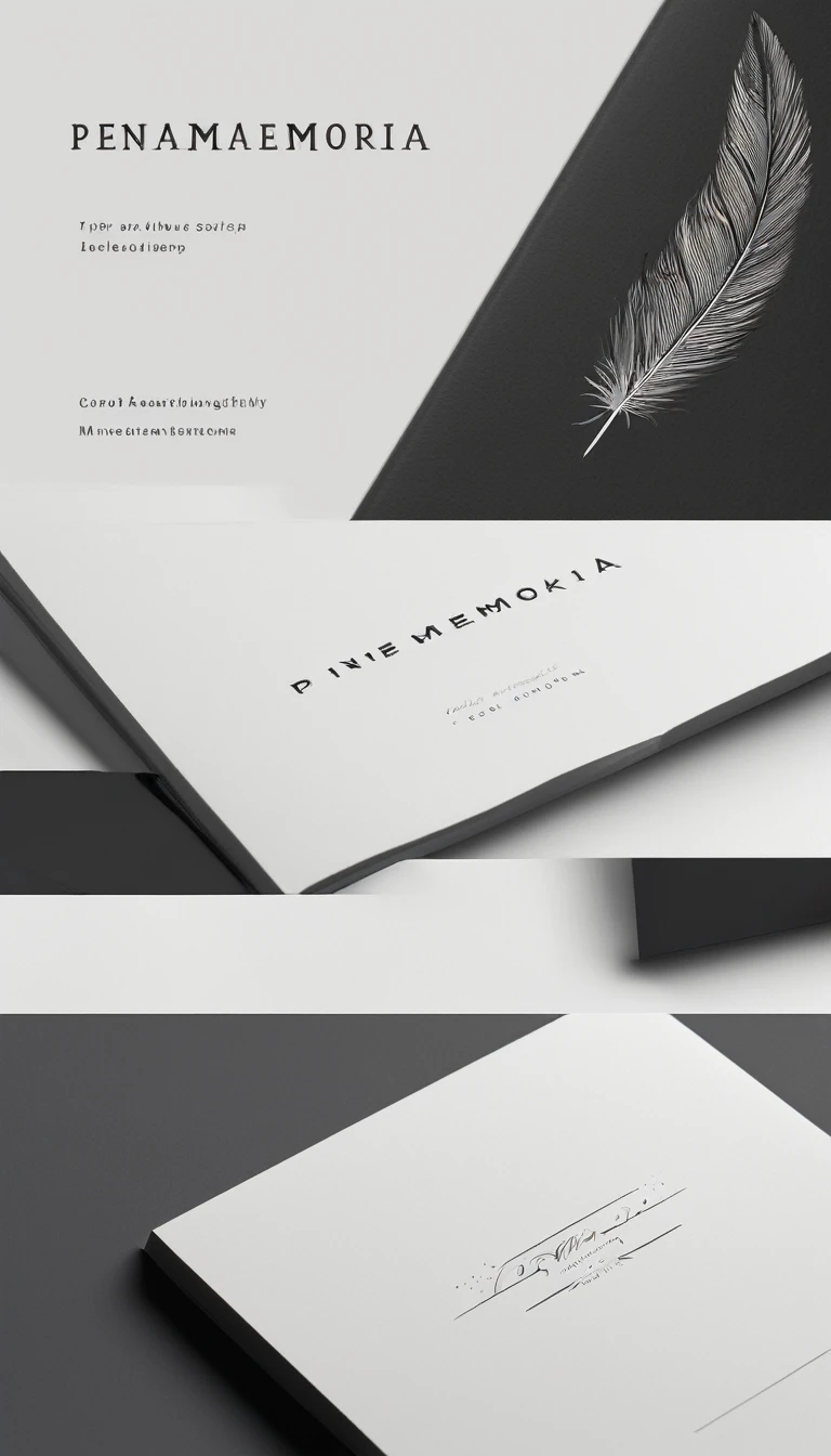 A minimal, modern, simple, cinematic logotype for the brand Penamemoria. The logotype must be a simple Memory Feather. Icon of a unique dreamy feather. The logo must convey a sense of music, stories and dreams. Logo design impressed on a book cover. Minimalistic logo and icon