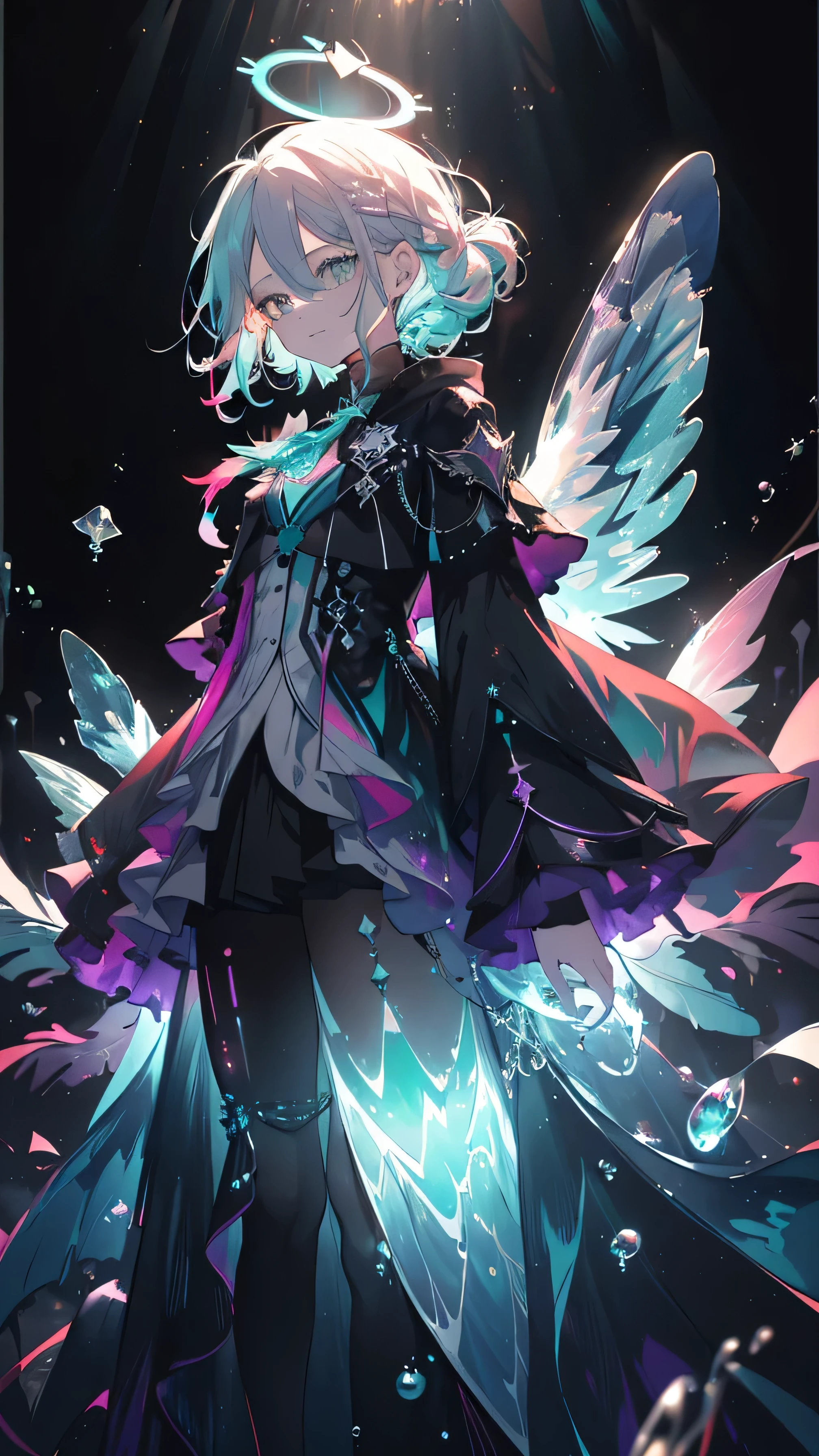 (Highest picture quality),(Masterwork),(ultra-detailed),(Detailed eye description:1.0),(lens flare:1.0),(movie poster:1.0),(Tarot border:1.0),the portrait is centered,(close-up:1.0),(negative space:0.8),(negative space:1.6),(solo),(floating colorful {wind|water magic|ink|crystals|ice|fire|flame|lightning|web|rocks|sand|particles|sparkles|blood}:1.0),(many colorful {soap bubbles|clouds|thorns|spikes|vines|currents|spirals|halos|wings|tattoos|cubes|octahedron}:1.0),(floating {red|green|blue|aqua|purple|yellow|black|white|grey|pink|orange|lime} {ribbons|feathers|particles|blades|droplets|snowflakes|soft balls}:1.0),({crystal|ice|fire|flame|wind|water|earth|stone|space|musical|sonic|vortex} {magic|wings}:1.0), ({ray tracing,glowing|dappled sunlight,light rays,caustics|night,black theme|mysterious,eerie|easygoing,pastel}:1.2), ({colorful|iridescent|multicolored}:1.0),(beautiful detailed glow:1.0),({leaning forward|leaning back|leaning to the side|}:1.2),{(smile:1.0)|(smirk:1.0)|(grim expression:1.0)},({small|small||lips,eyelashes}:1.0),{(open mouth:1.0)|(closed mouth:1.0)|},({eyelashes|eyeshadow||}),{one eye closed|||},({red|green|blue|aqua|purple|yellow|black|white|grey|pink|orange|lime} hair:1.4),({short|long|medium} hair:1.0),({from below|from above|from side|from behind|facing viewer}:1.3),(halo:1.3),(head tilt:1.0),(dynamic pose:1.1),(asymmetrical hair:1.2),({red|green|blue|aqua|purple|yellow|black|white|grey|pink|orange|lime} {armor|dress|collared shirt|suit|outfit}:1.0),({formal|military|techwear|urban style|casual,casual clothes|fantasy,magician|feral,tribal|sci-fi,futuristic}),({plaid skirt|layered skirt|puffy dress|tights|pants|shorts}),({blue|aqua|purple|black} {eyes|eyes|pupils}:1.8),{(forehead:1.5),asymmetrical bangs|diagonal bangs|hair between eyes|blunt bangs|swept bangs},{one eye covered|ponytail|high twintails|||},{straight hair|wavy hair|drill hair||},{long coat|suit jacket|cloak|sweater|tie||}
