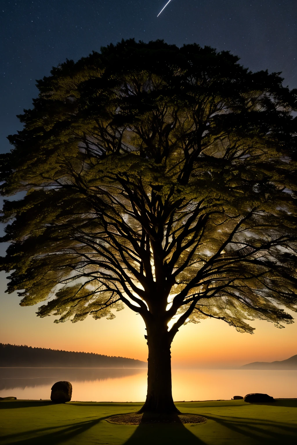 In the heart of an ancestral forest, shrouded in an ethereal twilight, a gargantuan tree stands tall and proud. Its trunk, carved with age-old runes and swirls, seems to breathe a life of its own, radiating an enigmatic aura. The tree's canopy, a labyrinth of intertwining branches, is illuminated by a single beam of moonlight, casting intricate shadows that dance upon the moss-covered ground, creating an atmosphere of mystery and allure. The air around the tree hums with a subtle energy, as if the tree is the resting place of ancient knowledge and wisdom, inviting contemplation and intrigue