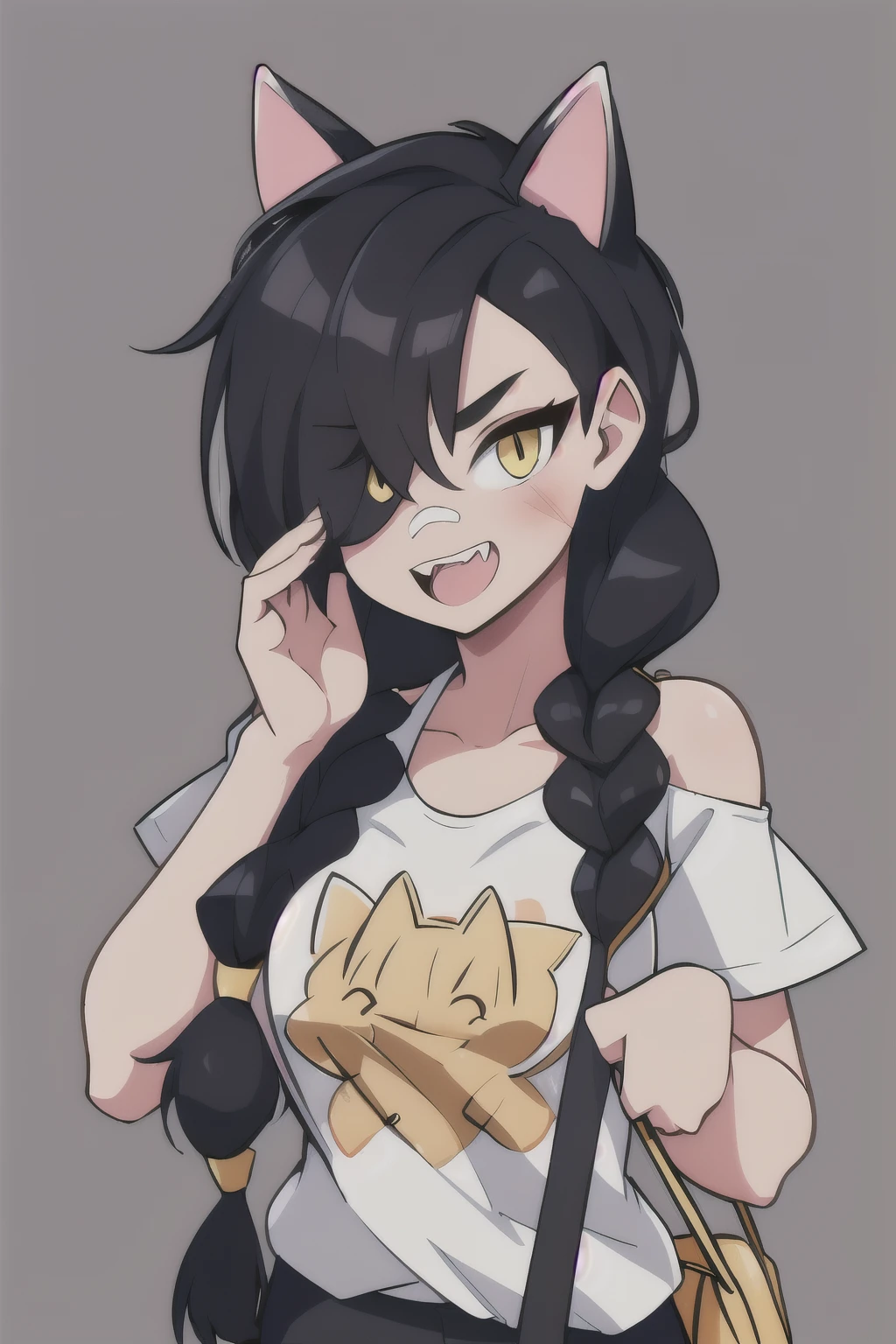 1girl, solo, long hair, looking at viewer, black hair, bandaid on face, yellow eyes, animal ears, smile, bandaid on nose, braid, cat ears, bandaid, bangs, breasts, fake animal ears, simple background, open mouth, fang, bare shoulders, scar, teeth, shirt, bare shoulders, white shirt, short sleeves, closed mouth, t-shirt, hair over one eye, portrait, bag, hair over shoulder, shorts, fullbody shot, cute, messy hair