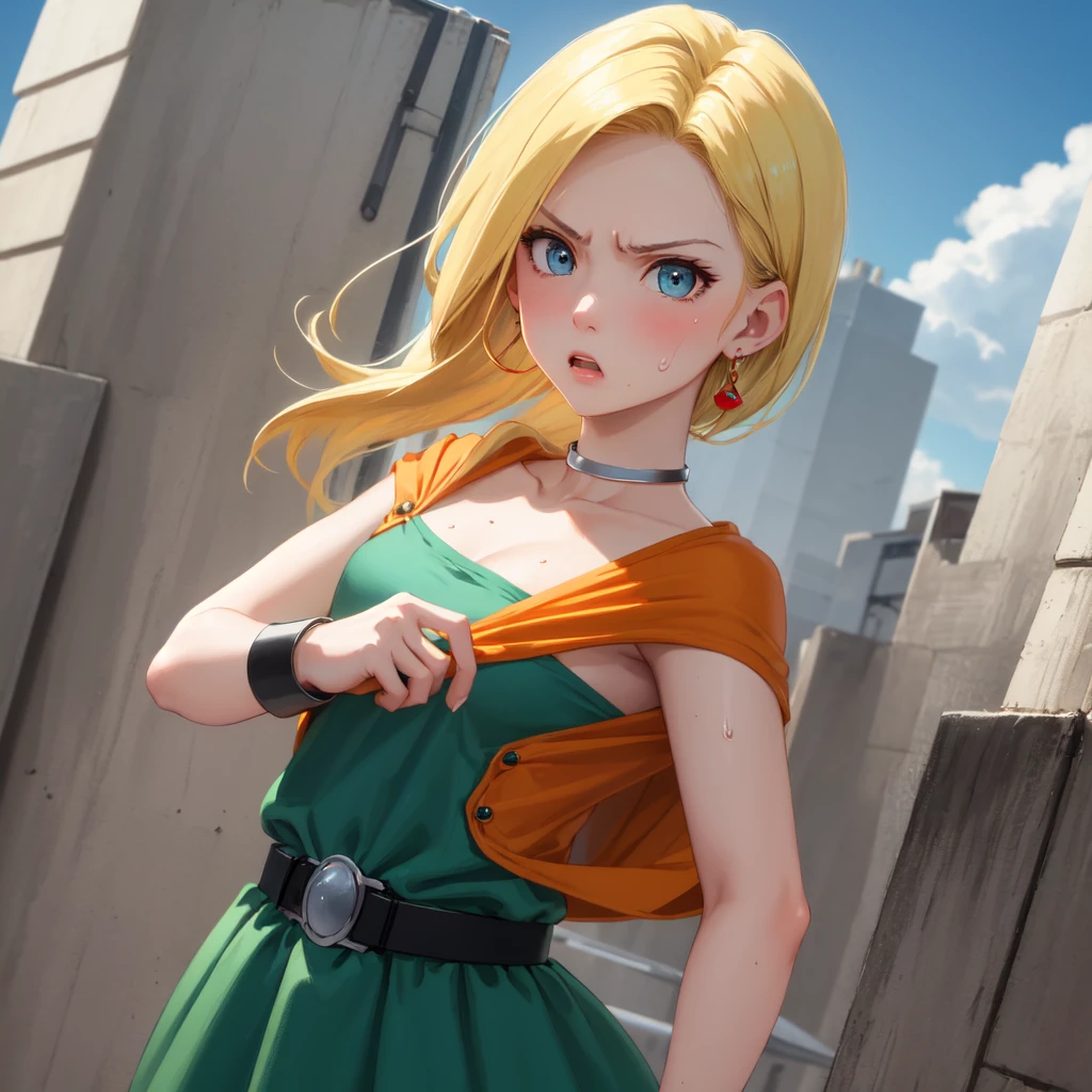 masterpiece, Highest quality, DQ Bianca, 1 person, Single Blade, Earrings, choker, Orange Cape, Green Dress, belt, Small breasts, 1 personで, Upper Body, hot, Sweating a lot, looking at the camera, Rooftop, angry