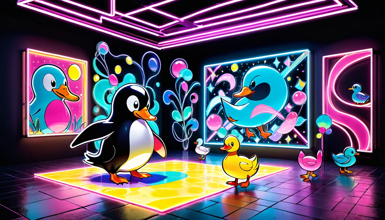 line art, iridescent neon light effect, 2.5D, delicate and dynamic, arguing penguin and duck, poorly drawn cartoon-style images, shading, colorful patchwork of contrast magic, conceptual installation pop art