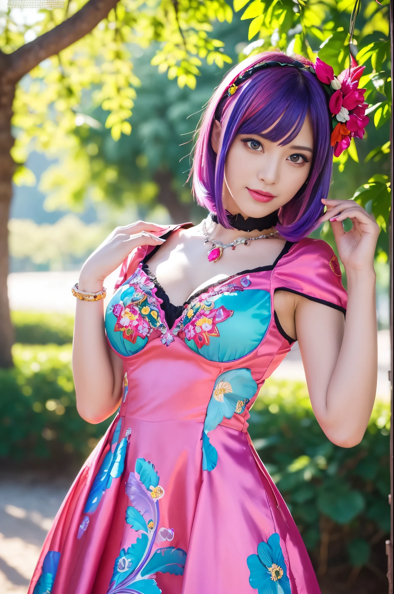 (masterpiece:1.4), (best quality:1.4), ultra high res, ultra high resolution, ((detailed facial features)), HDR, (realistic, photorealistic, photo-realistic:1.37), full body Esbian, sexy swedish model, (-anime), only 1 model, vivid colors, ((vivid colors multicolor (fuchsia, pink, light blue, purple) very short hair)), (seductive smile), lip-gloss, long lashes, defined eyebrows, wearing large sparkling colorful jewelery, wearing a red silk Paradise Kiss cosplay dress with black floral embroidery, ((vivid colors outfit)), vivid colors, look at the camera, cinematic light, large park background with trees, sweet and sexy pose