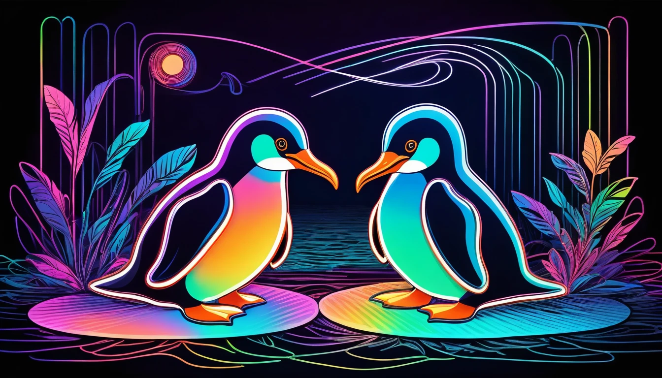 line art, iridescent neon light effect, 2.5D, delicate and dynamic, arguing penguin and duck, poorly drawn cartoon-style images, shading, colorful patchwork of contrast magic, conceptual installation pop art