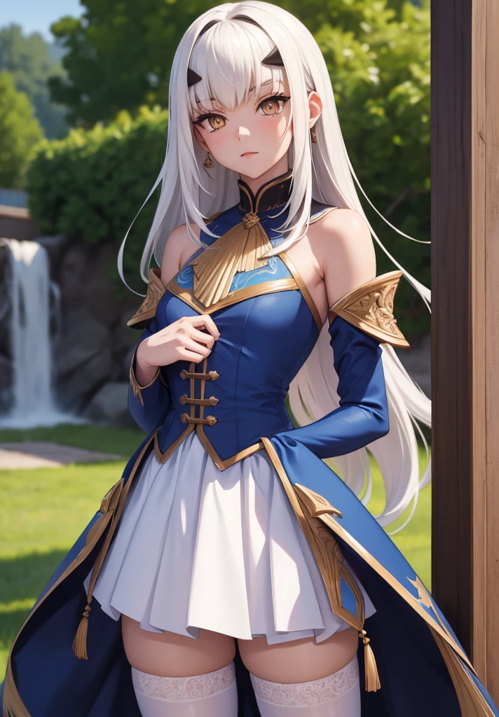 melusine, melusine, (brown eyes:1.5), long hair, white hair, sidelocks, (small breast:1.2),
BREAK blue dress, dress, frills, long sleeves, thighhighs, thighs, white thighhighs,
BREAK looking at viewer,
BREAK outdoors,
BREAK (masterpiece:1.2), best quality, high resolution, unity 8k wallpaper, (illustration:0.8), (beautiful detailed eyes:1.6), extremely detailed face, perfect lighting, extremely detailed CG, (perfect hands, perfect anatomy),