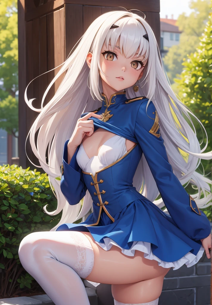 melusine, melusine, (brown eyes:1.5), long hair, white hair, sidelocks, (small breast:1.2),
BREAK blue dress, dress, frills, long sleeves, thighhighs, thighs, white thighhighs,
BREAK looking at viewer,
BREAK outdoors,
BREAK (masterpiece:1.2), best quality, high resolution, unity 8k wallpaper, (illustration:0.8), (beautiful detailed eyes:1.6), extremely detailed face, perfect lighting, extremely detailed CG, (perfect hands, perfect anatomy),