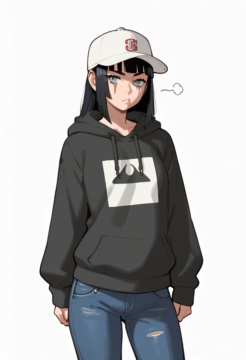 score_9, score_8_up, score_7_up, score_6_up, Character concept art of a pale skinned woman, skinny, grey eyes, scar on face, hoodie, baseball cap, annoyed face, hime cut black hair, jeans, fashionable, thick outlines, line weight, high detail, white background, high detail establishing shot. cinematic, use of color theory and contrasting shadow tints.
