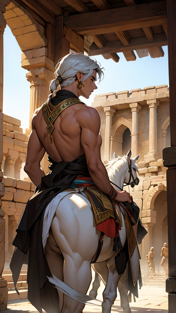 Hundreds ancient arabian. Stand. Turn around. Facing away the camera