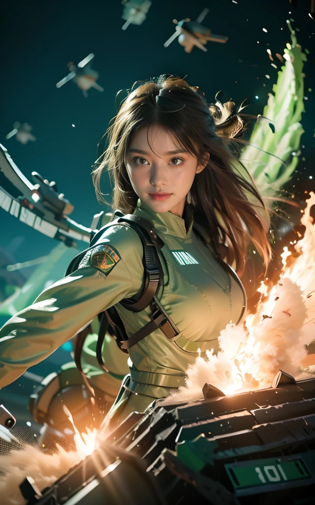 8K, Best quality, masterpiece, Ultra-high resolution, (Reality: 1.4),Girls send future combat suits,Green pupils,Air battle scene background,Crashed plane,Flying anti-aircraft flame robot bird,Real women,cleveage,serious,cute female ,Smile,Perfect girl,Beautiful woman ,beautiful girl,long hair,Robot,CG,