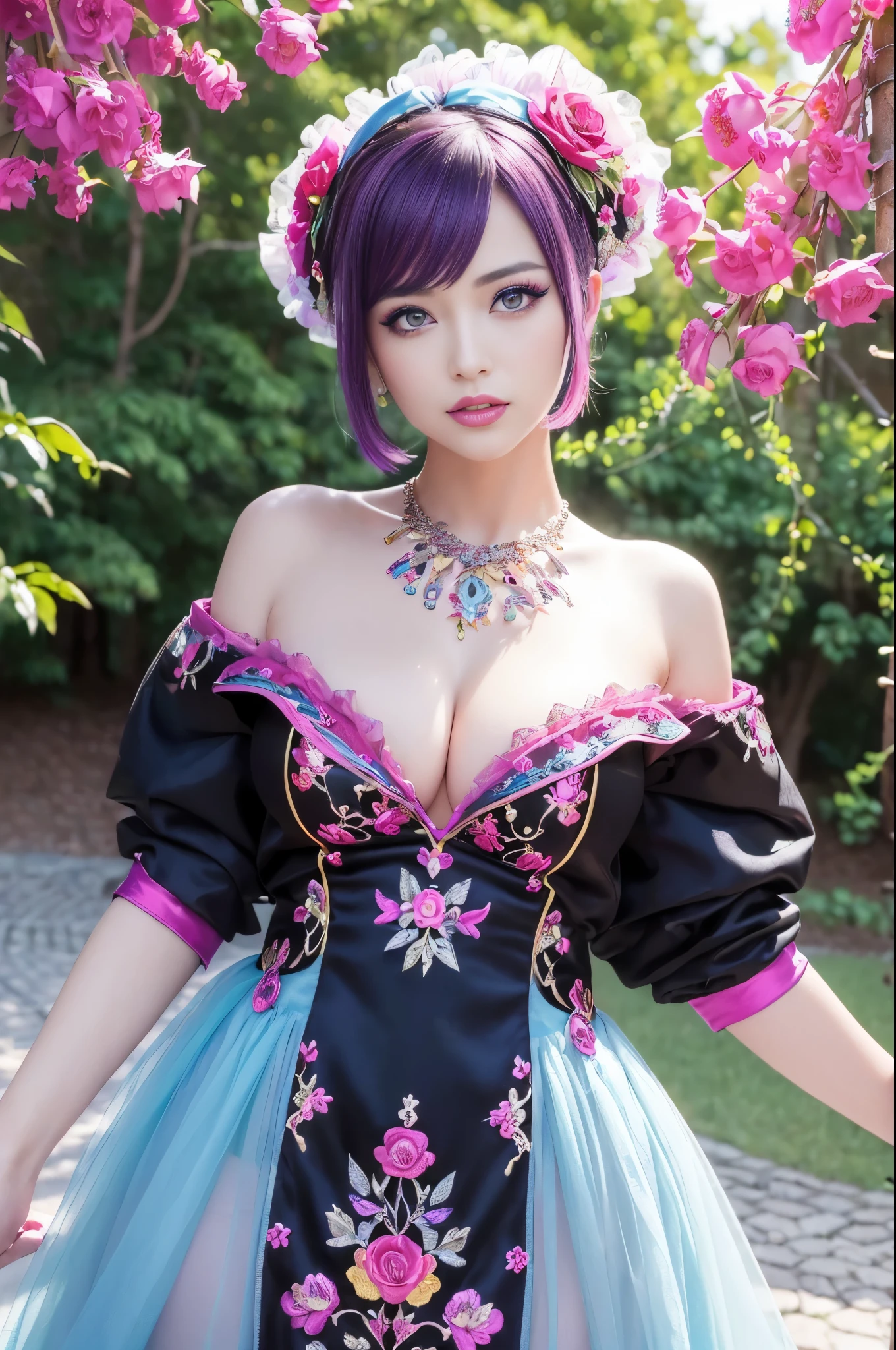 (masterpiece:1.4), (best quality:1.4), ultra high res, ultra high resolution, ((detailed facial features)), HDR, (realistic, photorealistic, photo-realistic:1.37), full body Esbian, sexy swedish model, (-anime), only 1 model, vivid colors, ((vivid colors multicolor (fuchsia, pink, light blue, purple) very short hair)), (seductive smile), lip-gloss, long lashes, ultra detailed vivid makeup, defined eyebrows, wearing large sparkling colorful jewelery, wearing a red silk Paradise Kiss cosplay dress with black floral embroidery, ((vivid colors outfit)), vivid colors, look at the camera, cinematic light, large park background with trees, sweet and sexy pose