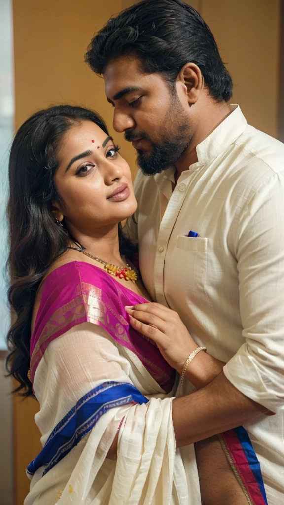 a 50-year-old shirtless man affectionately hugging and kissing aradiant, full-figured South Indian plus-sized 30 year old teacher wearing a off white silky saree in dressing room, captured in a full-body image with vibrant hues and meticulous details. Full body image