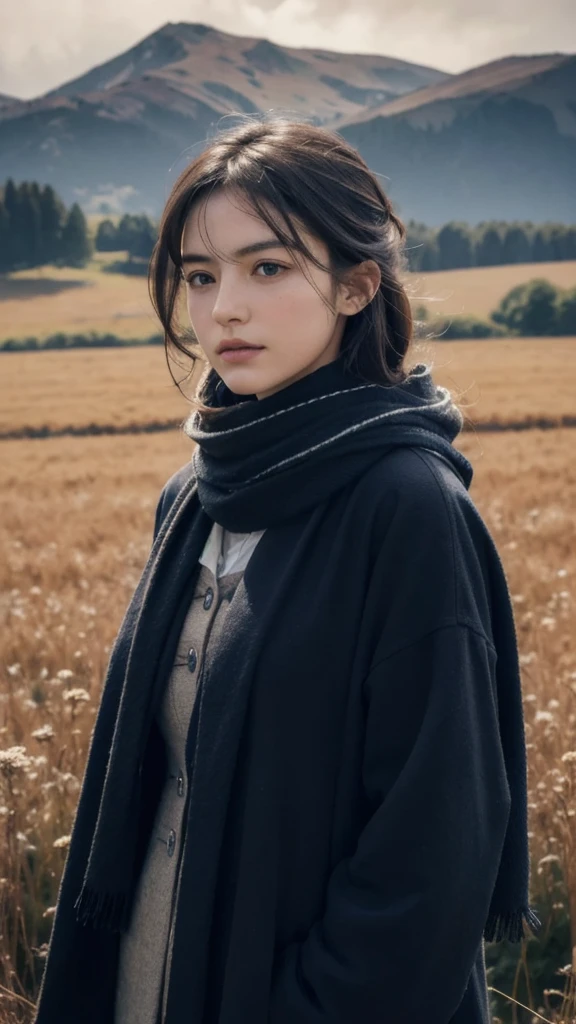 8k, best quality, masterpiece, realistic, ultra detail, photo realistic, Increase quality,
a photo of a girl standing in a field with a scarf, in the style of dark and brooding designer, voluminous mass, photobash, serene faces, jagged edges, navy, natural beauty, close-up shot