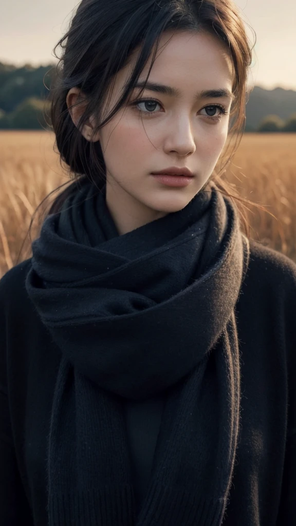 8k, best quality, masterpiece, realistic, ultra detail, photo realistic, Increase quality,
a photo of a girl standing in a field with a scarf, in the style of dark and brooding designer, voluminous mass, photobash, serene faces, jagged edges, navy, natural beauty, close-up shot