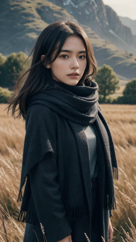 8k, best quality, masterpiece, realistic, ultra detail, photo realistic, Increase quality, 
a photo of a girl standing in a field with a scarf, in the style of dark and brooding designer, voluminous mass, photobash, serene faces, jagged edges, navy, natural beauty, close-up shot
