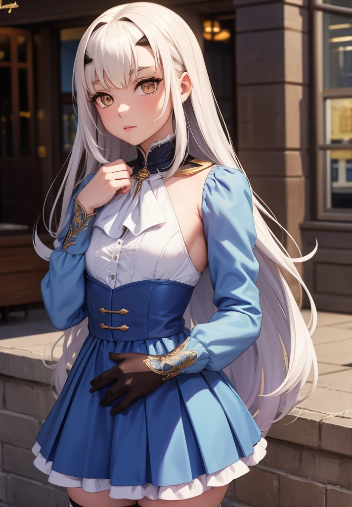 melusine, melusine, (brown eyes:1.5), long hair, white hair, sidelocks, (small breast:1.2),
BREAK blue dress, dress, frills, long sleeves, thighhighs, thighs, white thighhighs,
BREAK looking at viewer,
BREAK outdoors,
BREAK (masterpiece:1.2), best quality, high resolution, unity 8k wallpaper, (illustration:0.8), (beautiful detailed eyes:1.6), extremely detailed face, perfect lighting, extremely detailed CG, (perfect hands, perfect anatomy),