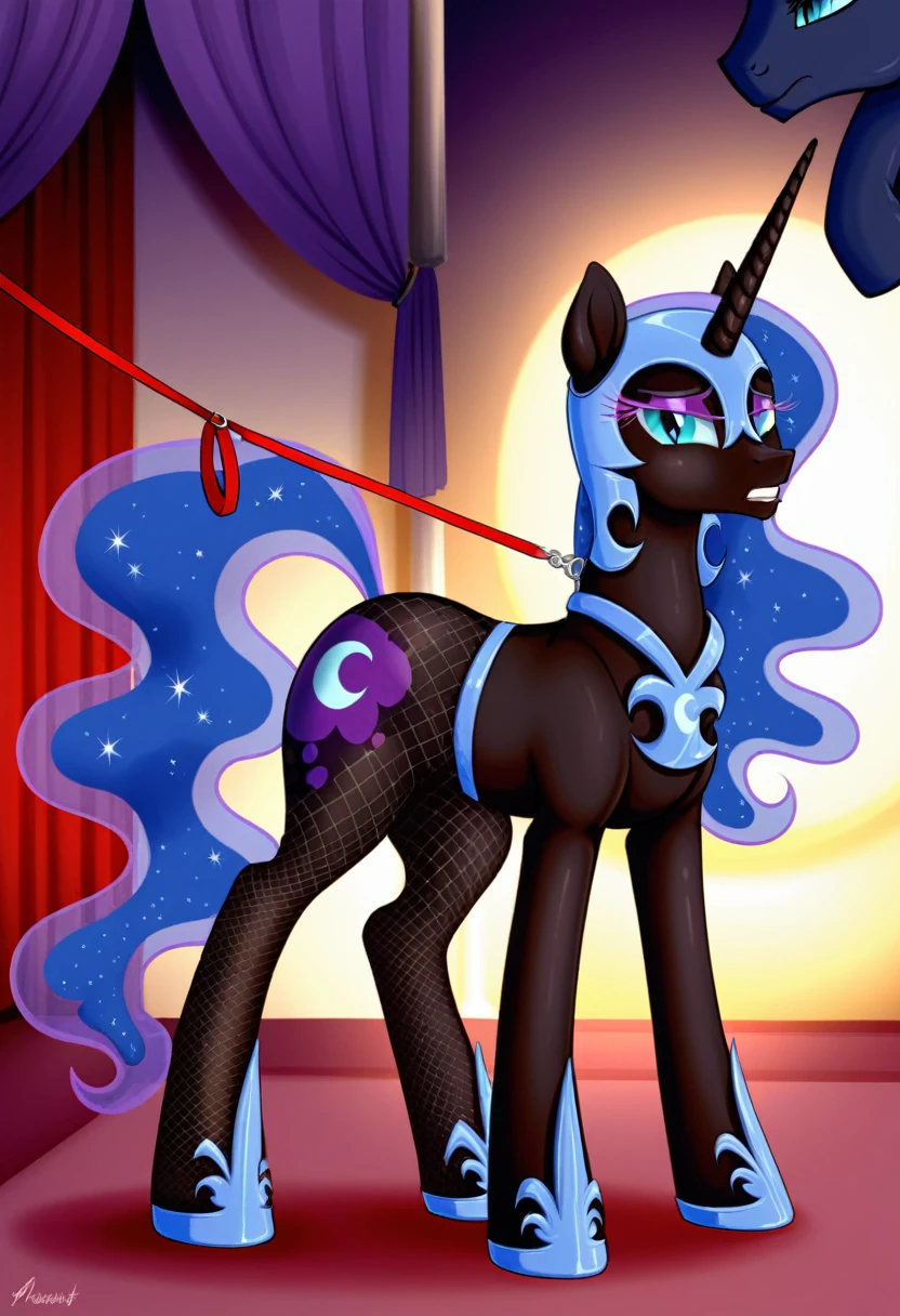 Pony  sad   nightmare moon in   in fishnet tights  b  night club walks on a leash