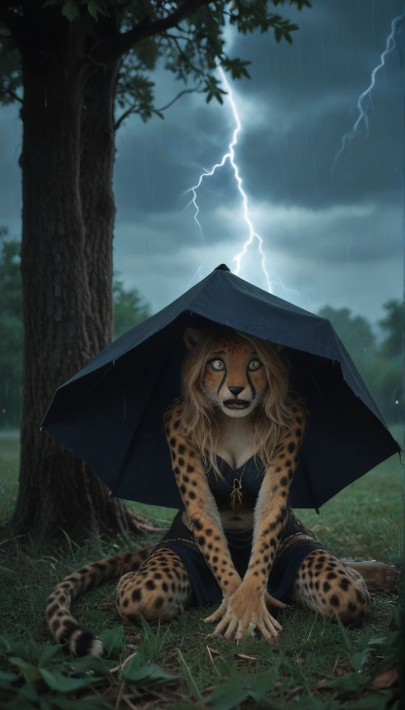 (zPDXL2), score_9, score_8_up, score_7_up, source_anime, 2d, FURRY, anthro, 
female, anthro, [black panther:cheetah:0.3], (black fur), (hiding, seat under tree, scared face expression, Scared pose, rain, raining weather:1.5), (long hair, wheat blonde hair, wet hair, fluffy tail), cheetah ears, big breasts, attractive, (prehistoric, top, loincloth), ((athletic body, Curvy body)), thick hips, freckles, freckles on face, emerald green eyes, ((thunder, storm, lightning, storm and lightning, thunder and lightning, thunder night, cloud night, dark night background:1.75)) , 
AissistXLv2, unaestheticXL_bp5, SimplePositiveXLv2, zPDXL2 PonyXLV6_Scores