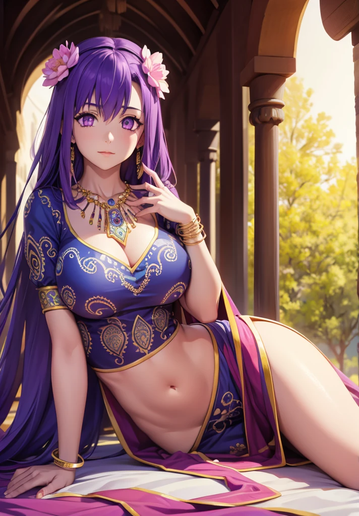 parvati, parvati, long hair, (purple eyes:1.1), purple hair,
BREAK bracelet, flower, hair flower, hair ornament, indian clothes, jewelry, necklace, side slit,
BREAK looking at viewer,
BREAK outdoors,
BREAK (masterpiece:1.2), best quality, high resolution, unity 8k wallpaper, (illustration:0.8), (beautiful detailed eyes:1.6), extremely detailed face, perfect lighting, extremely detailed CG, (perfect hands, perfect anatomy),