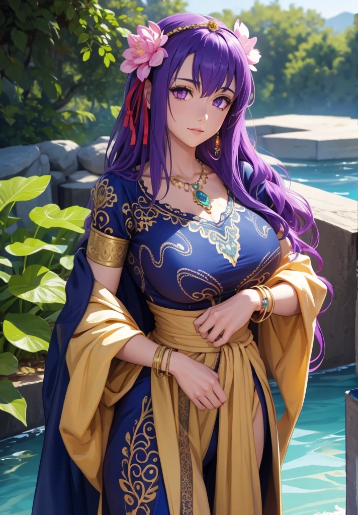 parvati, parvati, long hair, (purple eyes:1.1), purple hair,
BREAK bracelet, flower, hair flower, hair ornament, indian clothes, jewelry, necklace, side slit,
BREAK looking at viewer,
BREAK outdoors,
BREAK (masterpiece:1.2), best quality, high resolution, unity 8k wallpaper, (illustration:0.8), (beautiful detailed eyes:1.6), extremely detailed face, perfect lighting, extremely detailed CG, (perfect hands, perfect anatomy),