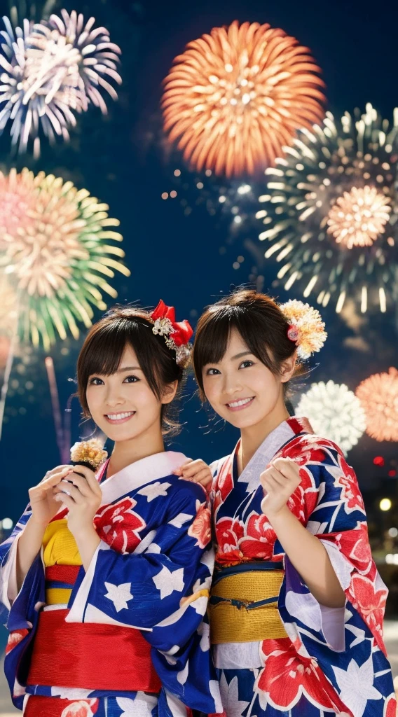 masterpiece,Highest quality,Ultra-high resolution,Extremely detailed,night,Fireworks display,Two Girls,cute,Clear,yukata,Commemorative photo with fireworks in the background,Hyper Quality