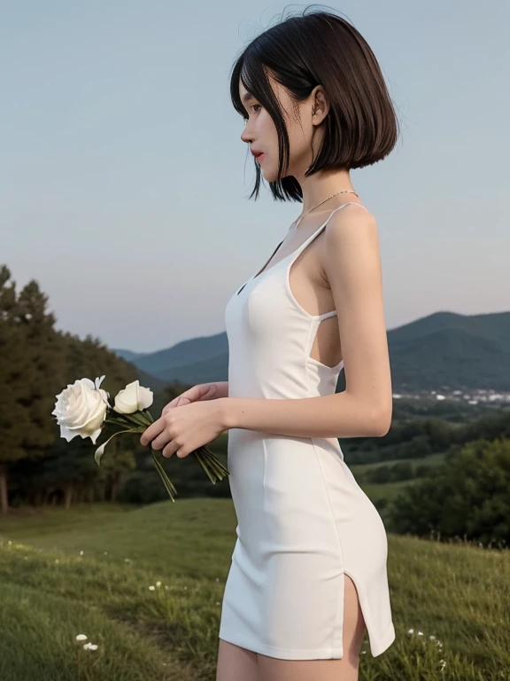 beautiful 16 year old girl, Skinny body, small bust, very short hair, smooth black color, she has a short white dress, bare shoulders, two hands, Profile, Whole body, holding a white rose in her right hand, Perfect face, on a hill at night , few trees, starry sky, very bright stars, look forward, sad