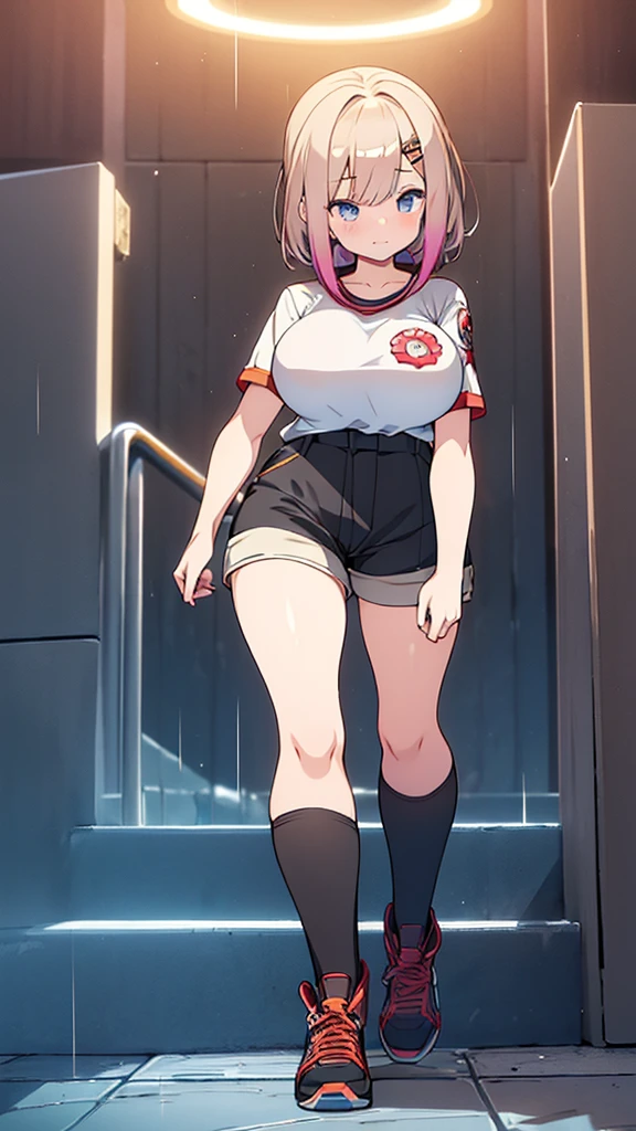 Full body image, front, One girl, 18-year-old, Mix 4, (32K, RAW Photos, Highest quality, masterpiece:1.2), (Anime-like, photoAnime-like:1.37), cute, カジュアルウェア, Short sleeve T-shirt,Shorts,Black knee socks, night, rain, Humidity, Professional Lighting, Photon Mapping, Radio City, Physically Based Rendering, Super Resolution, (Big Breasts:1.2), {{The biological weapon that had preyed on the younger sister took her place and reunited with the older brother, The rebellious little sister has become the obedient little sister}}, Girl Skull, whole body, NSFW