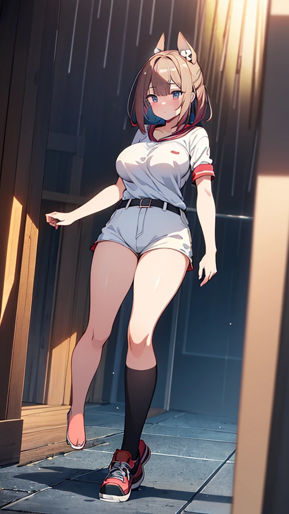 Full body image, front, One girl, 18-year-old, Mix 4, (32K, RAW Photos, Highest quality, masterpiece:1.2), (Anime-like, photoAnime-like:1.37), cute, カジュアルウェア, Short sleeve T-shirt,Shorts,Black knee socks, night, rain, Humidity, Professional Lighting, Photon Mapping, Radio City, Physically Based Rendering, Super Resolution, (Big Breasts:1.2), {{The biological weapon that had preyed on the younger sister took her place and reunited with the older brother, The rebellious little sister has become the obedient little sister}}, Girl Skull, whole body, NSFW
