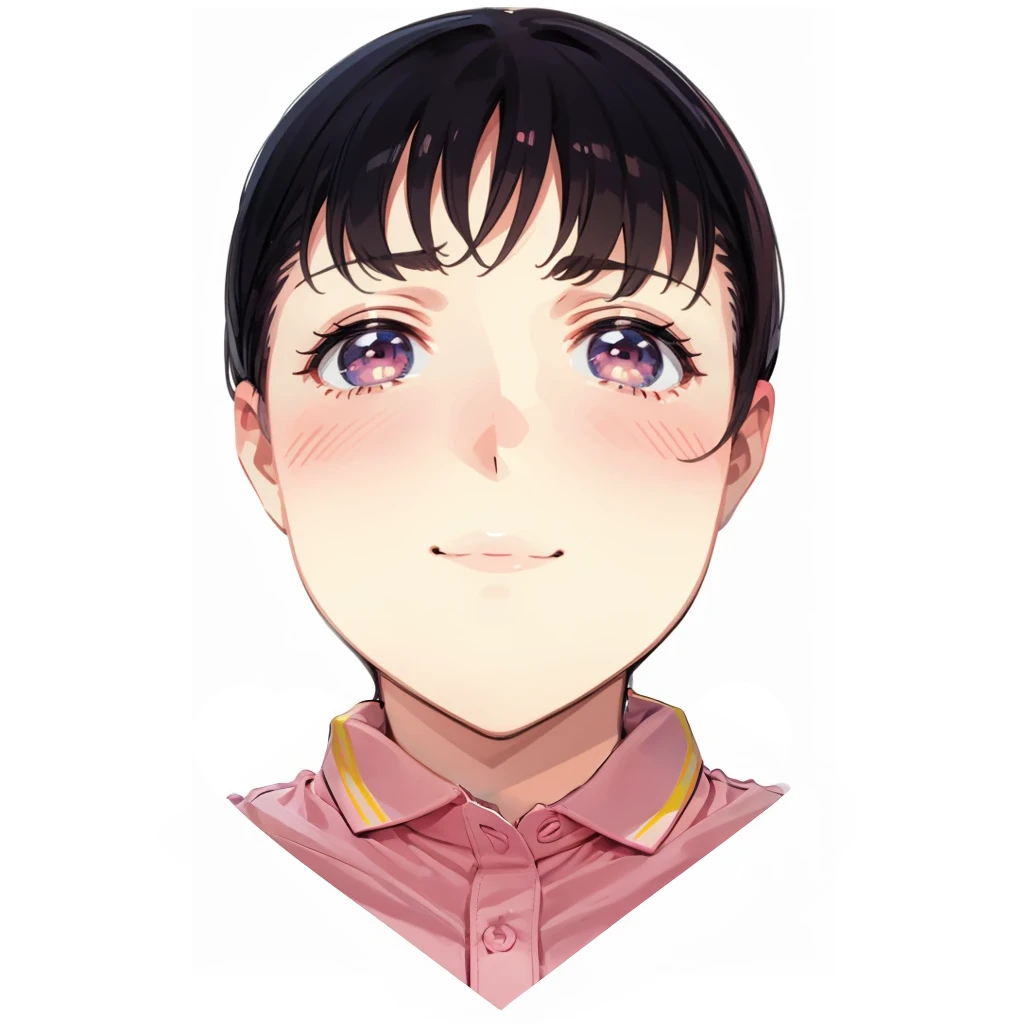 Pink polo shirt,White Button,Yellow line on collar,