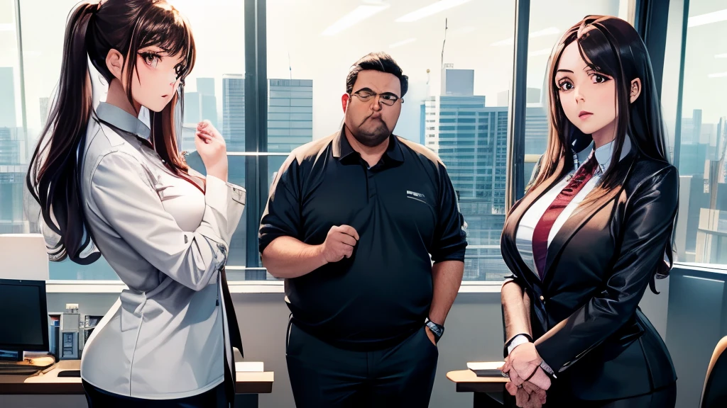 A slim young woman in her mid-twenties with long brown hair, standing in front of her boss, a middle-aged, slightly overweight man, in a modern office. The woman looks shocked and defensive, while the boss angrily points at her. The office is sleek and professional with large windows and a city view. The scene is depicted in a beautiful, clean anime style. The image is in a 16:9 landscape format.