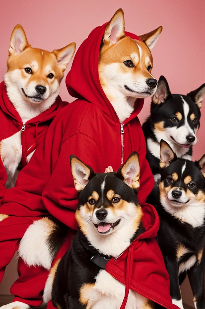 Shiba Inu wearing a red hoodie,Illustrated style,3 heads