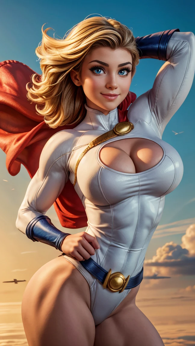 Power Girl da DC Comics, (best qualityer,4K,8k,high resolution,work of art:1.2),ultra detali,realisitic,portraite,beautiful detailed eyes,beautiful detailed lips,extremely detailed eye and face,long eyelashes,sexly,average:oil painting,shining skin,Flying hair,beaming smile,powerful girl in the air,Flight,confident pose,stunning curves,bright coloured,dramatic lighting,serene background,composition