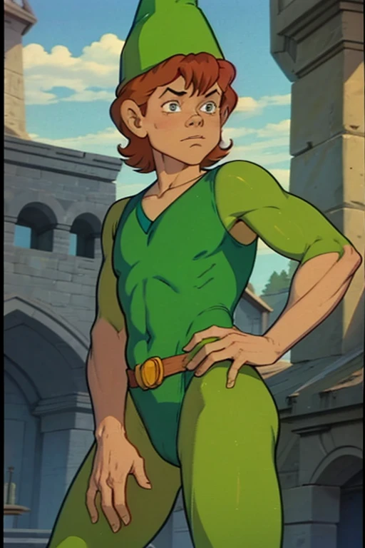 a redhead cartoon character dressed in a green leotard, very muscular, a 14 year old male wizard, 1980s cartoon, animated episode still, Presto (((mad))), ((Wears a wizard hat))