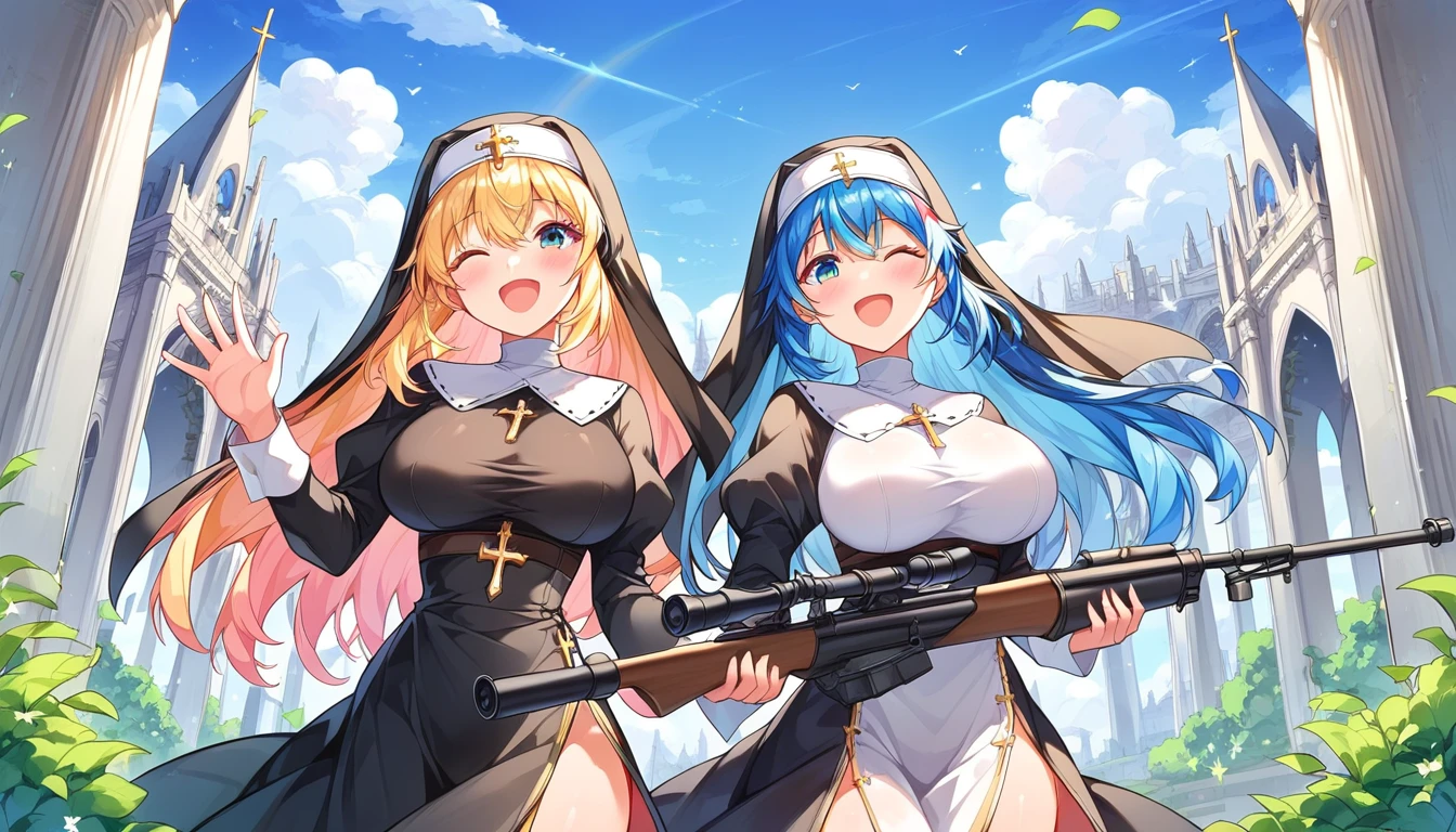 ((2girls:1.3)),((moe style:1.3)), ((cathedral outdoors:1.3)), ((nun:1.3)), ((mounted tripod:1.3)), ((thumbs up:1.3)), ((smile:1.3)), ((multicolored hair:1.3)), ((posing:1.3)), ((sniper rifle:1.3)) ((large breasts:1.3)), ((perfect face)), ((extremely cute:1.3)), ((masterpiece:1.3)), ((8k)), ((best quality:1.3)), ((beautiful)), ((extremely detailed:1.3)), ((score_9:1.3)), ((score_8_up:1.3)), ((score_7_up:1.3)), ((absurdres)), AddXL