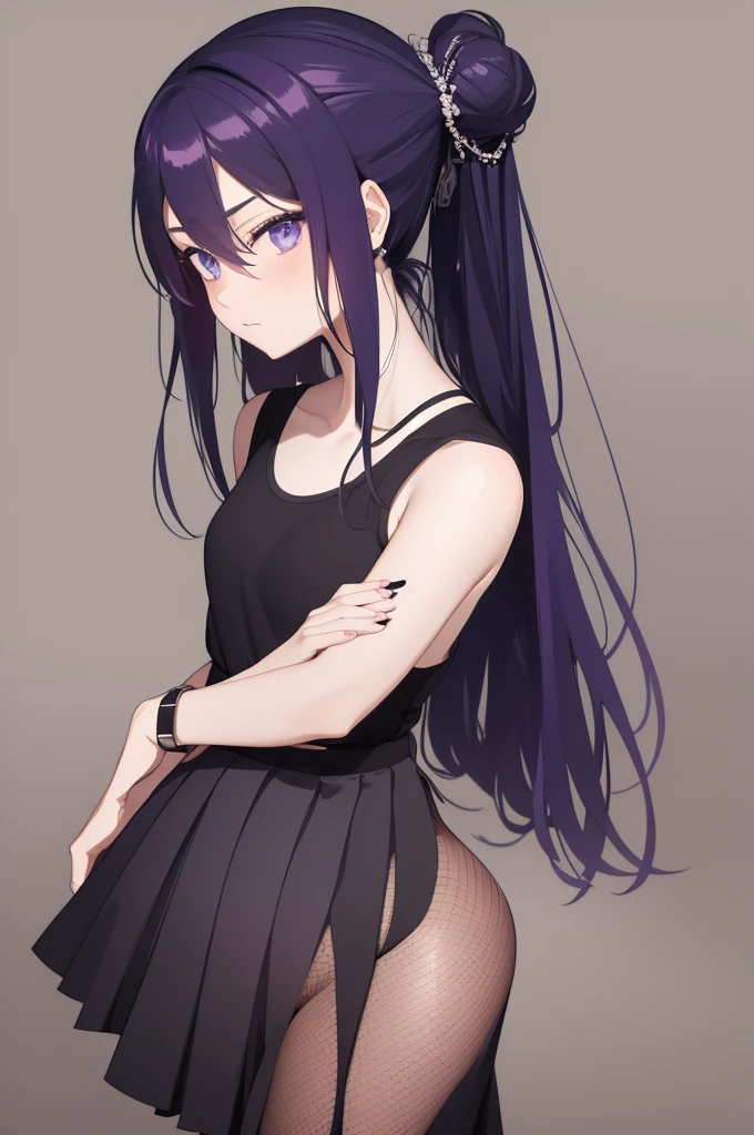 Mei Age: Height: 1,65 m Hair: far away, smooth and black with bluish tips. Geralmente, uses a light blue ribbon to tie part of her hair into a bun, leaving the rest loose.
eyeballs: Serene and mysterious, violet in color.
tenue: Purple sleeveless blouse with floral designs, black pleated skirt, comfortable leggings and sneakers. Wear a silver bracelet with shiny stones that change color, reflecting your illusions.
Additional Features: He has a small tattoo of a butterfly on his left wrist., symbolizing freedom and transformation.