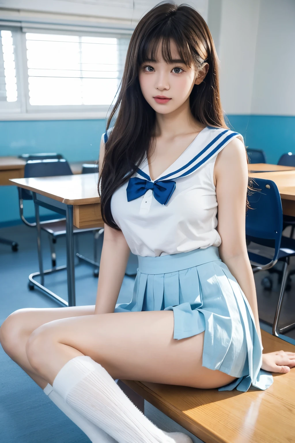 Highest quality,masterpiece, High resolution, 8k, Detailed Background、Beautiful teenage girl、(1 female),Cute hairstyle、Cute hair colors、Perfect body、Huge breasts、sexual expression、White Sailor Suit、light blue sailor color、(Light blue pleated skirt)、Brightly colored knee-high socks、classroom、Thick thighs、Sitting、She angrily flipped up her skirt、Show your panties.