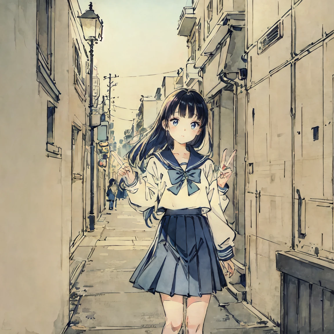 Detailed illustrations, Bright colors, Highest quality, masterpiece, Beautiful girl、cute、とてもcute、(Sailor suit、navy_Blue Long Pleated Skirt:1.1), Winters、purely、Neon City、nostalgic、Making a peace sign、night