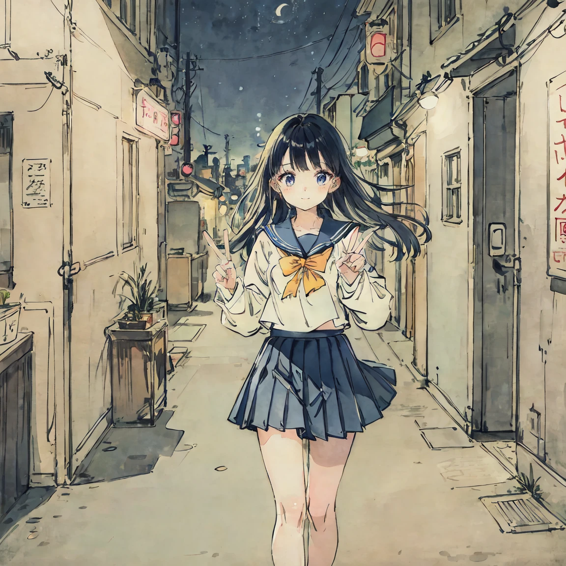 Detailed illustrations, Bright colors, Highest quality, masterpiece, Beautiful girl、cute、とてもcute、(Sailor suit、navy_Blue Long Pleated Skirt:1.1), Winters、purely、Neon City、nostalgic、Making a peace sign、night