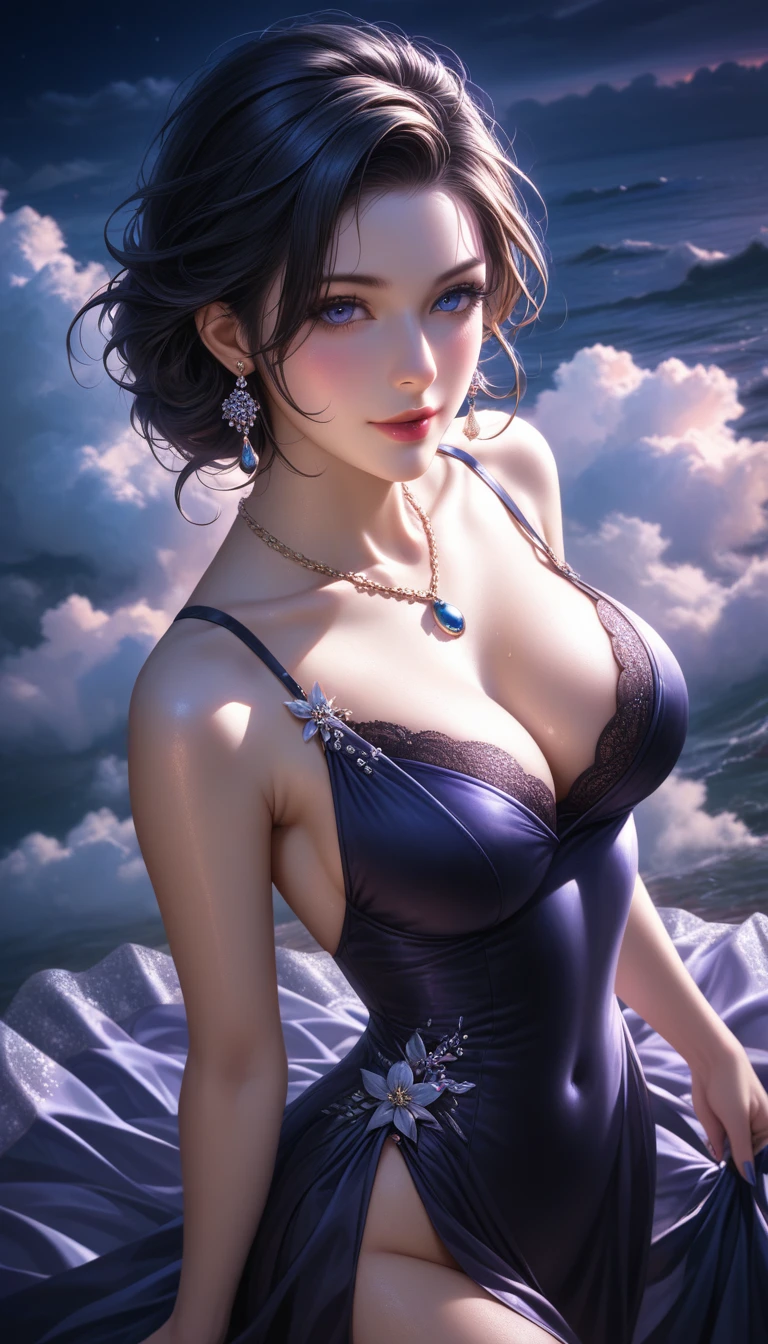 score_9, score_8_superior, score_7_superior, Masterpieces with up to 16K resolution,Highest quality,it is really amazing,Very detailed,Ultra-high resolution,Real,Realistic,Increased depth of field,Cinematic lighting,
sexy japanese milf,
Long black hair,(Ultra-detailed and beautiful faces:1.4),Translucent white skin,Very detailedな肌,
(Elegant resort dresses:1.2),
Artistic design,Beautiful and detailed pattern,Detailed fabric texture,
Gorgeous necklace,Earrings,
(A pitch black night sky with dark clouds:1.4),The coast before the storm,
delay々Continuing sandy beach,
(High angle:1.3),