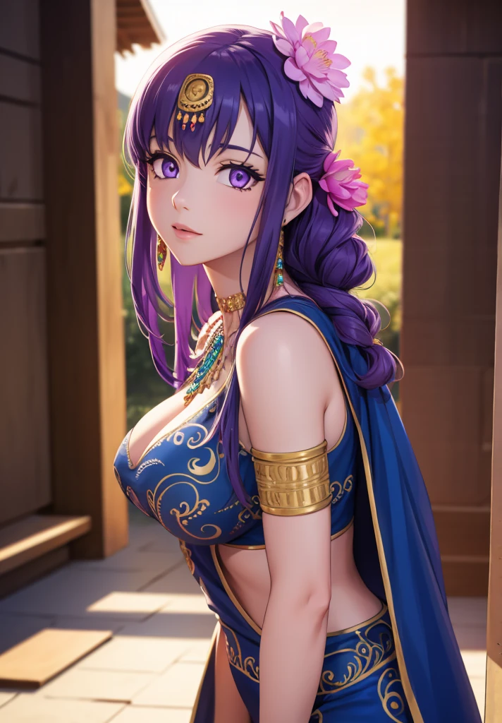 parvati, parvati, long hair, (purple eyes:1.1), purple hair,
BREAK bracelet, flower, hair flower, hair ornament, indian clothes, jewelry, necklace, side slit,
BREAK looking at viewer,
BREAK outdoors,
BREAK (masterpiece:1.2), best quality, high resolution, unity 8k wallpaper, (illustration:0.8), (beautiful detailed eyes:1.6), extremely detailed face, perfect lighting, extremely detailed CG, (perfect hands, perfect anatomy),