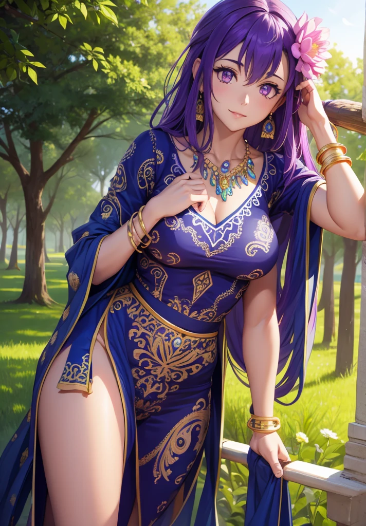 parvati, parvati, long hair, (purple eyes:1.1), purple hair,
BREAK bracelet, flower, hair flower, hair ornament, indian clothes, jewelry, necklace, side slit,
BREAK looking at viewer,
BREAK outdoors,
BREAK (masterpiece:1.2), best quality, high resolution, unity 8k wallpaper, (illustration:0.8), (beautiful detailed eyes:1.6), extremely detailed face, perfect lighting, extremely detailed CG, (perfect hands, perfect anatomy),