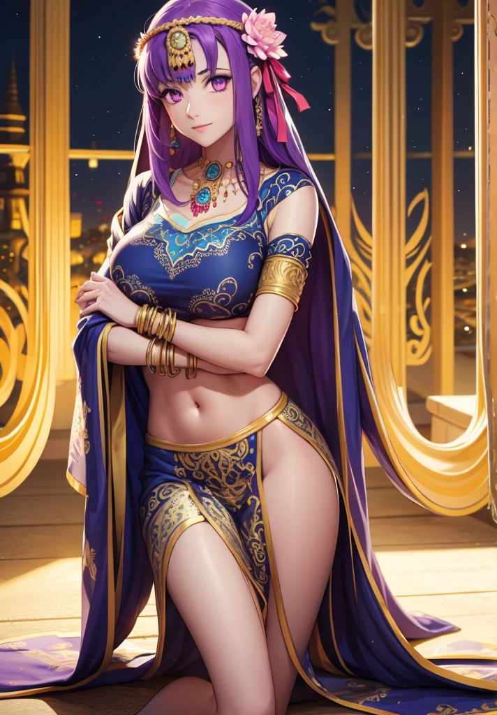 parvati, parvati, long hair, (purple eyes:1.1), purple hair,
BREAK bracelet, flower, hair flower, hair ornament, indian clothes, jewelry, necklace, side slit,
BREAK looking at viewer,
BREAK outdoors,
BREAK (masterpiece:1.2), best quality, high resolution, unity 8k wallpaper, (illustration:0.8), (beautiful detailed eyes:1.6), extremely detailed face, perfect lighting, extremely detailed CG, (perfect hands, perfect anatomy),