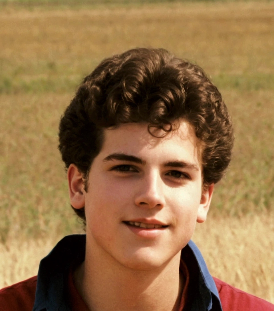 sharp young man in red shirt and blue shirt standing in a field, Stephen Bauman, about 19 years old, Michael Pangrazio, Michael Bair, greg rutowski, Jeremy Elbertson, David Rubin, taken in the late 1980s, Kenny Schar, he has short curly brown hair, Matthew Benedict