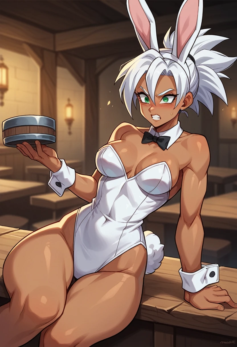 1girl, alone, Saiyan, spiky white hair combed back , green eyes, slim, thin waist, wide hips, dark skin, medium breasts, bunny ears , bunny tail, black bunny suit, the girl is in a tavern,sensual, sensual position, suffering abuse, suffering harassment, abused, harassment,raped ,being touched, against your will, touched by men
     ,many men touched, many men abusing the girl, many men harassing the girl, focus in ass