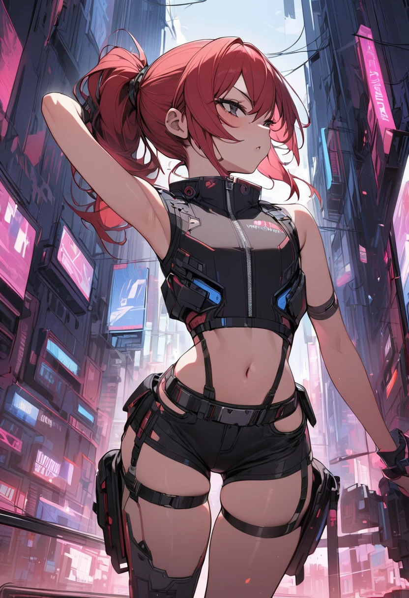 girl red hair black eyes single ponytail cyberpunk black vest shorts high quality masterpiece red wolf
