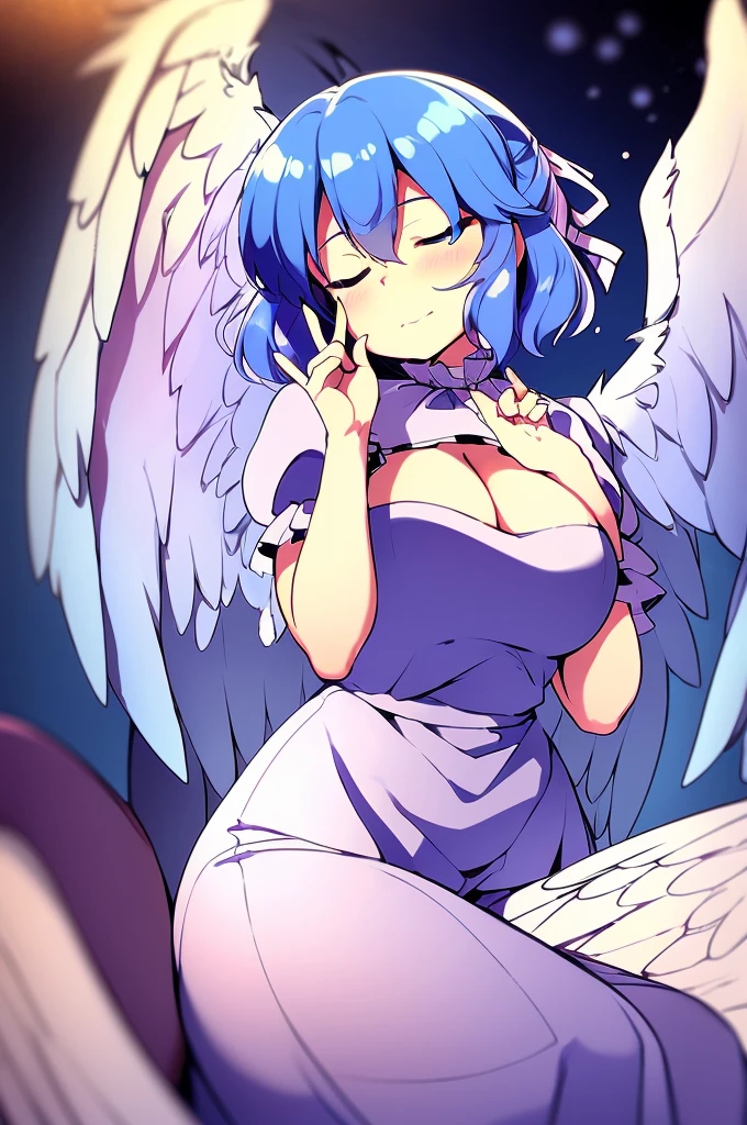 (best quality,4k,8k,highres,masterpiece:1.2), top-quality(masterpiece), top-quality, ultra-detailed, highly detailed texture, intricate details, high quality textures, A cute age angel with blue eyes, big pink ribbon in her hair, drawn in anime style, perfect quality, perfect anatomy, perfect body, perfect symmetrical face, 1 beautiful girl, 1girl, (((1girl in))), , 10 y(loli))), ((child), medium blue hair, hair flaps, pink ribbon on head, well-formed face, Beautiful face, blue eyes, pretty eyes, angel girl, white blouse, puffy short sleeves, red ribbon, angel wings, long white skirt, red shoes, frills, ribbon head, A pair of angel wings on the back, clean line drawings, cute, perfect symmetrical face, beautiful blue hair, beautiful blue eyes, cute face, beautiful, from behind, to lift up one’s skirt, cowboy shot, from front, standing , raise one leg, crossed arms, arms up behind, arms behind back, hand between legs, put hands hip, one hand on hip, forward hands, arms raised in the air, punch hands, peace sign, waving, put up index finger, sit, lie down, closed eyes, lie face down, looking back, put one hand chest, leaning forward, cleavage, close up, horizontally outstretched arms, horizontally outstretched legs, front view, front face, huge breasts for short stature, cleavage is clearly visible ,G-Cup