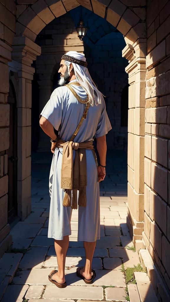 A view of ancient arabic man. Stand. Turn around. Facing away the camera