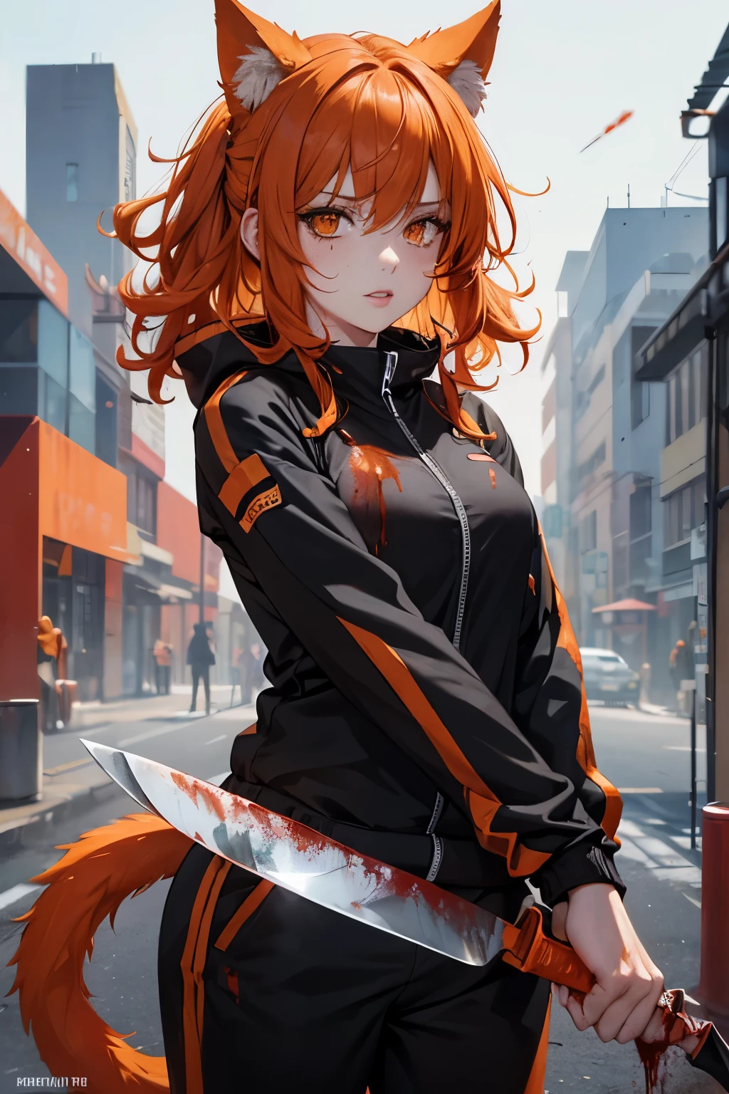 Mature girl covered in bloody spatter, (full lips: 1.2), short orange hair ending in soft curls, orange eyes, orange catgirl ears and tail, (black tracksuit: 1.2), (wielding a bloody knife: 1.2), blood everywhere