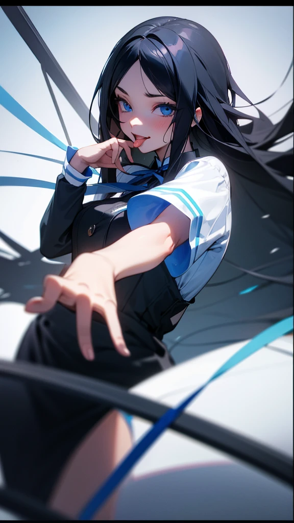 One girl, Long Hair, Black Hair, Sticking out tongue, High resolution, blue eyes, frame, ribbon, 3D Rendering,