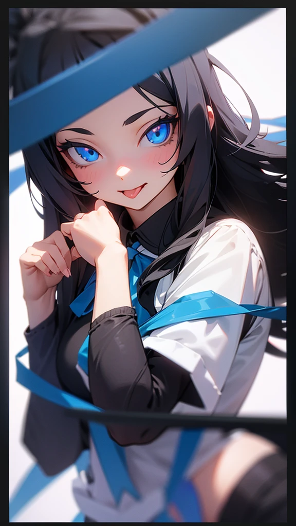 One girl, Long Hair, Black Hair, Sticking out tongue, High resolution, blue eyes, frame, ribbon, 3D Rendering,