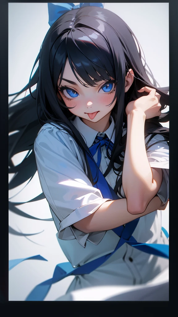 One girl, Long Hair, Black Hair, Sticking out tongue, High resolution, blue eyes, frame, ribbon, 3D Rendering, 